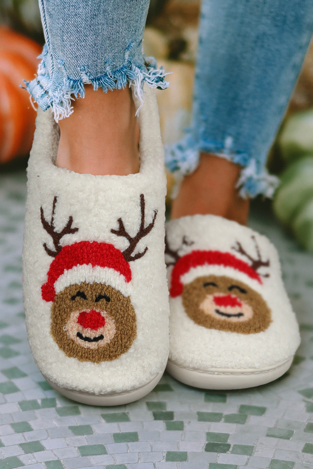 White Christmas Deer Indoor Plush Slippers