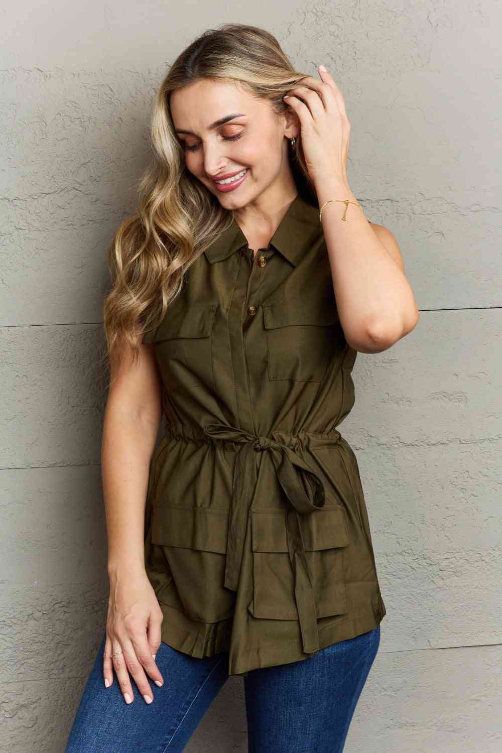 Radiant Allure Sleeveless Collared Button Down Top