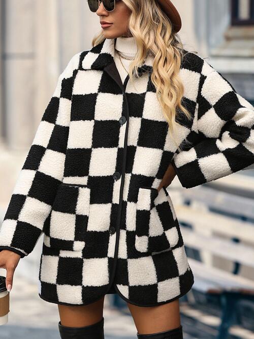 Monochrome Maven: Checkered Button Front Coat