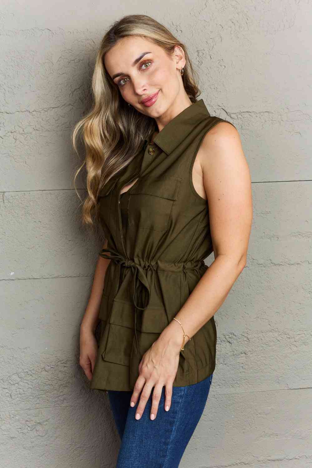 Radiant Allure Sleeveless Collared Button Down Top